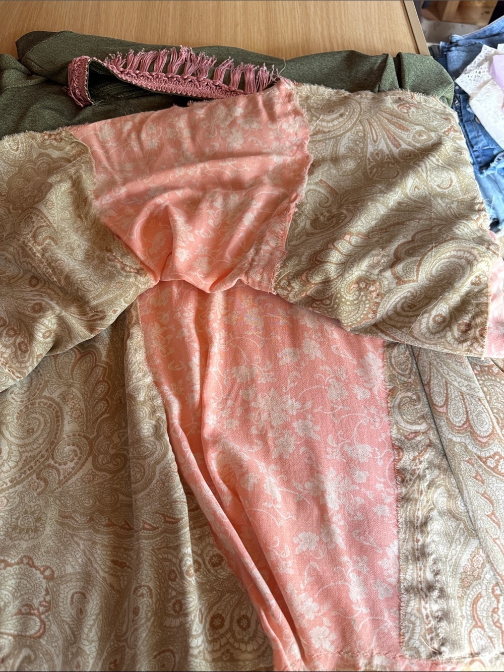 Mixed Media Patchwork Boho Tunic Top or Dress Olive Green Pink Floral Large - Picture 10 of 10